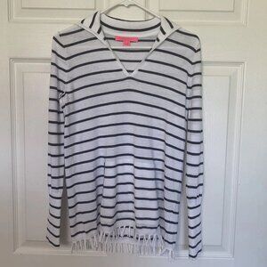 Lilly Pulitzer XS Crestwood Sweater Resort White Navy Maritime Stripe Fringe